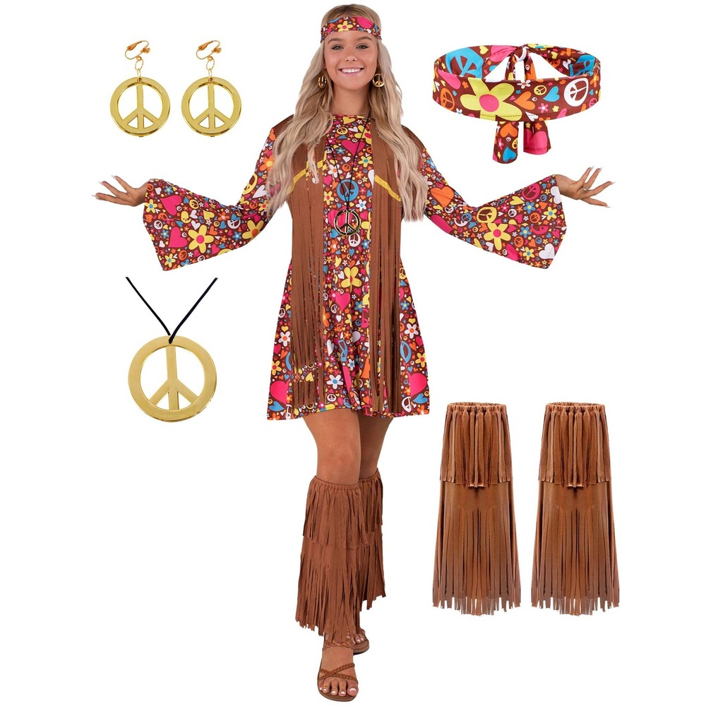 NIP Womens 70s 60s Hippie Halloween‎ Costume 6 Pc Disco Groovy Flower Child